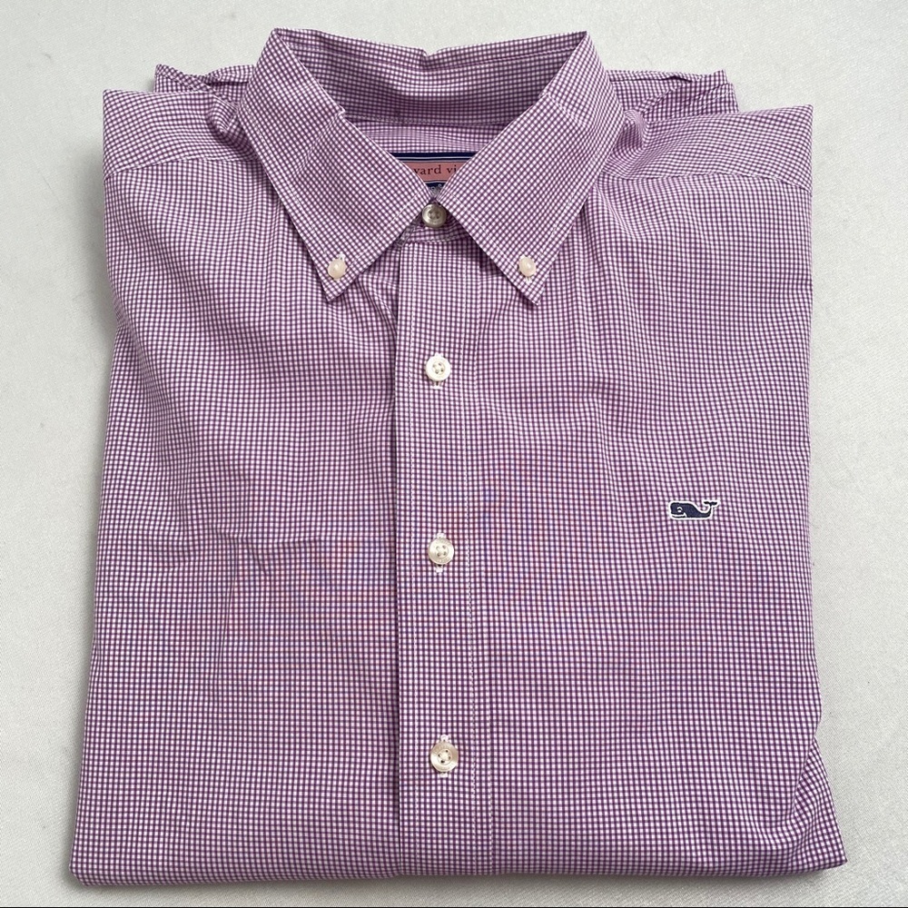Vineyard Vines purple and white check whale button down shirt